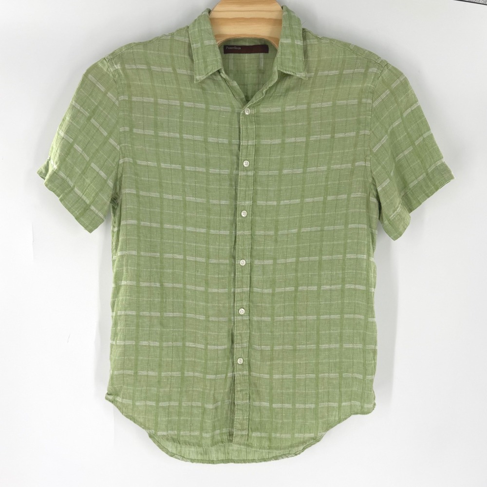 Perry Ellis Linen Blend XL Green Short Sleeve Check Button Down Shirt Vacation
